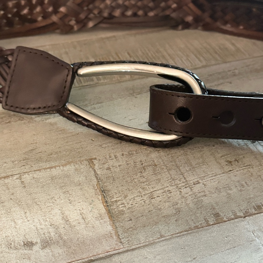 Braided Brown Leather Belt with Statement Silver Buckle Unique Character - Picture 2 of 10